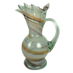 Hand-Blown Art Glass Pitcher Vase With Ruffled Spout & Swirl Pattern 7 inch Tall
